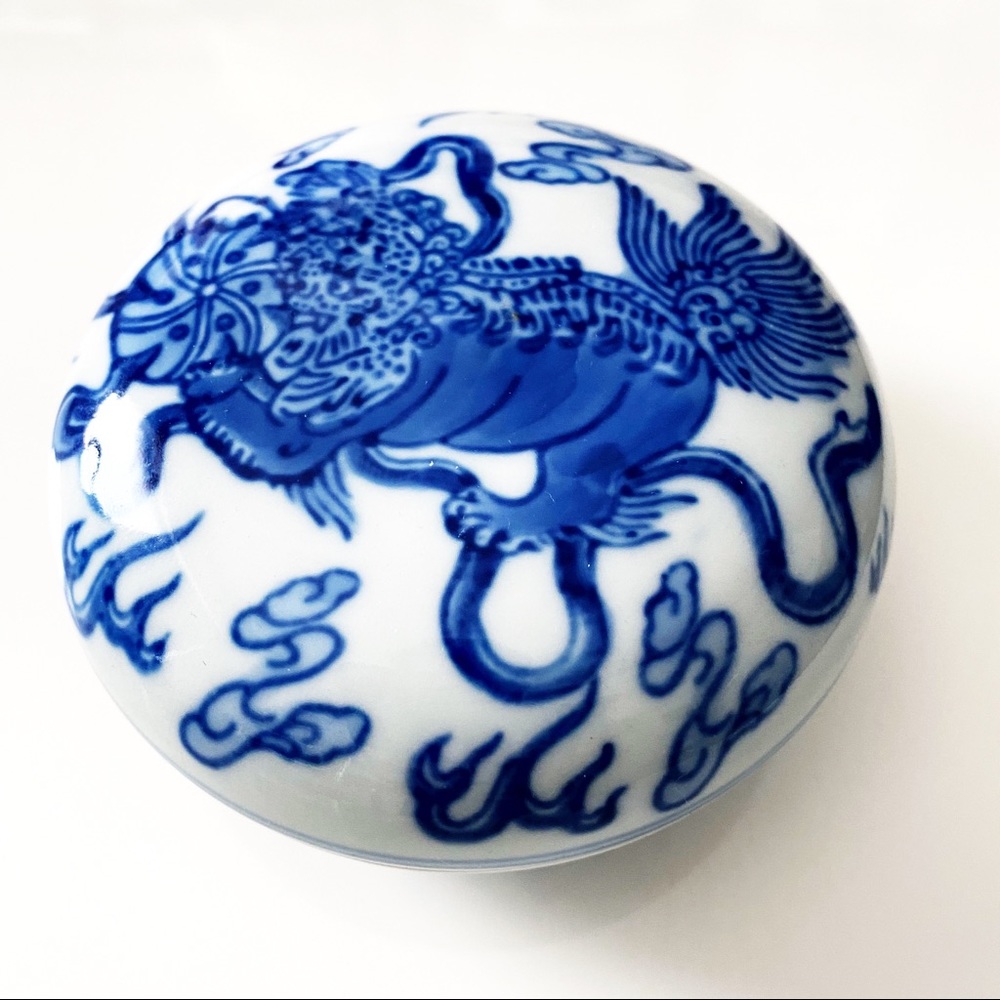 VTG Blue White Chinese Porcelain Dish Lid Dragon - Picture 2 of 7